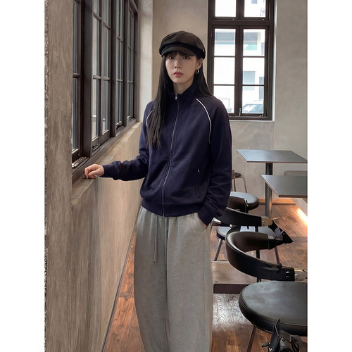 【8.8折】撞色线条半拉链立领卫衣外套 复古运动风显瘦短款上衣女