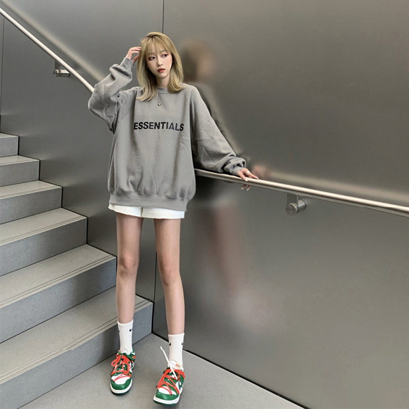 필수 라운드 넥 스웨트 셔츠 얇은 미국 FOG 트렌디 브랜드 남성과 여성 커플 순수 코튼 루즈 1977 까마귀