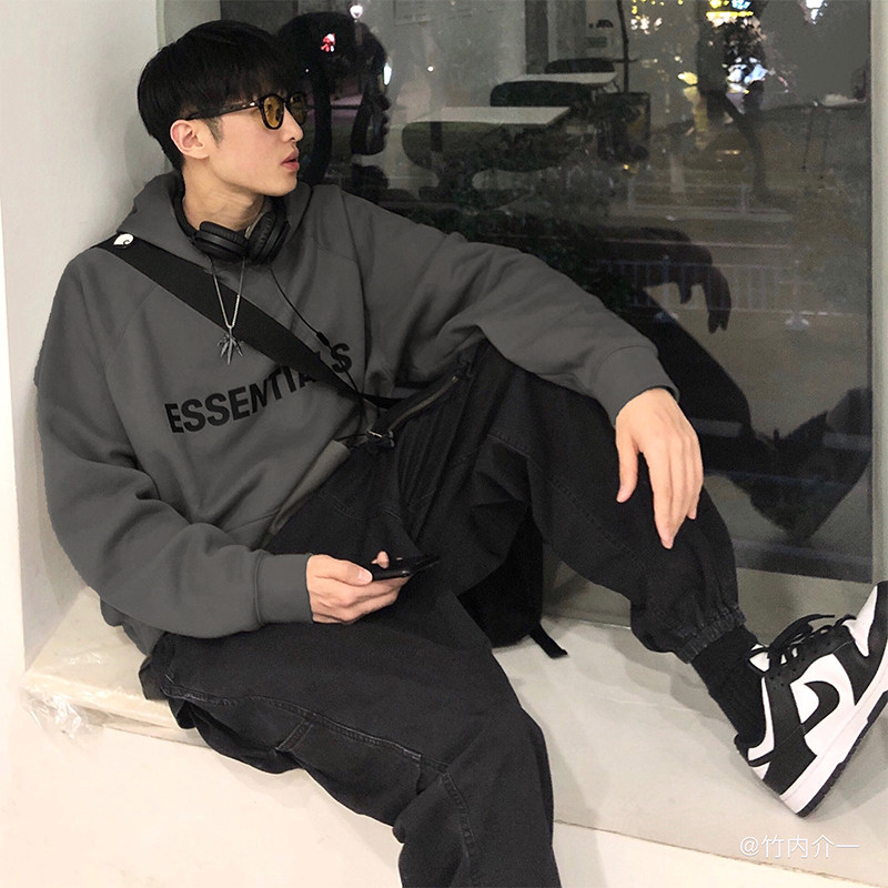 필수 라운드 넥 스웨트 셔츠 얇은 미국 FOG 트렌디 브랜드 남성과 여성 커플 순수 코튼 루즈 1977 까마귀