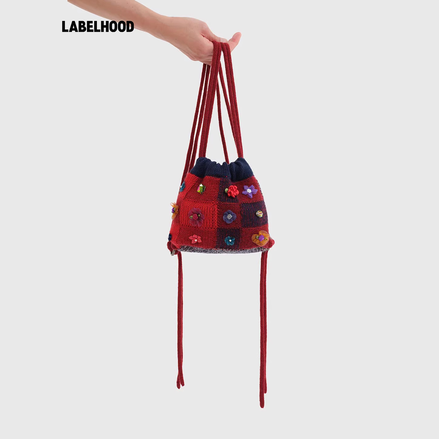 YANYANKNITS编织格纹迷你抽绳包