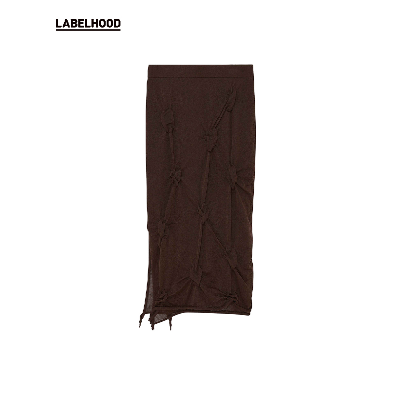 波点抽摺修身侧开叉针织半裙