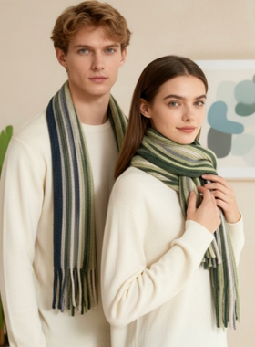 HTB 秋冬季灰色绿色羊绒条纹针织格子围巾男女情侣款百搭保暖时尚