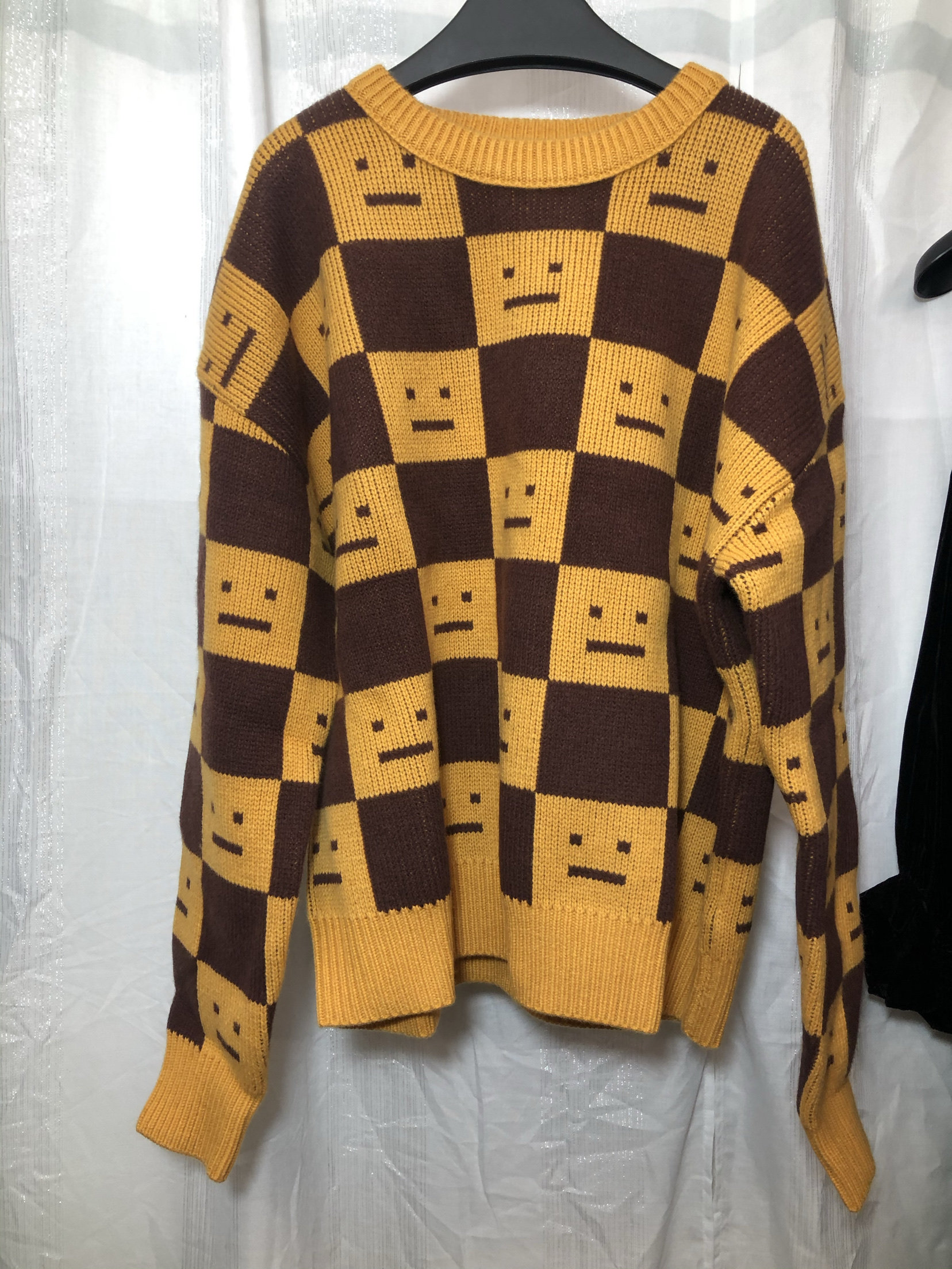 100羊双面针织秋冬新款经典方块笑脸宽松百搭长袖针织毛衣女/退运