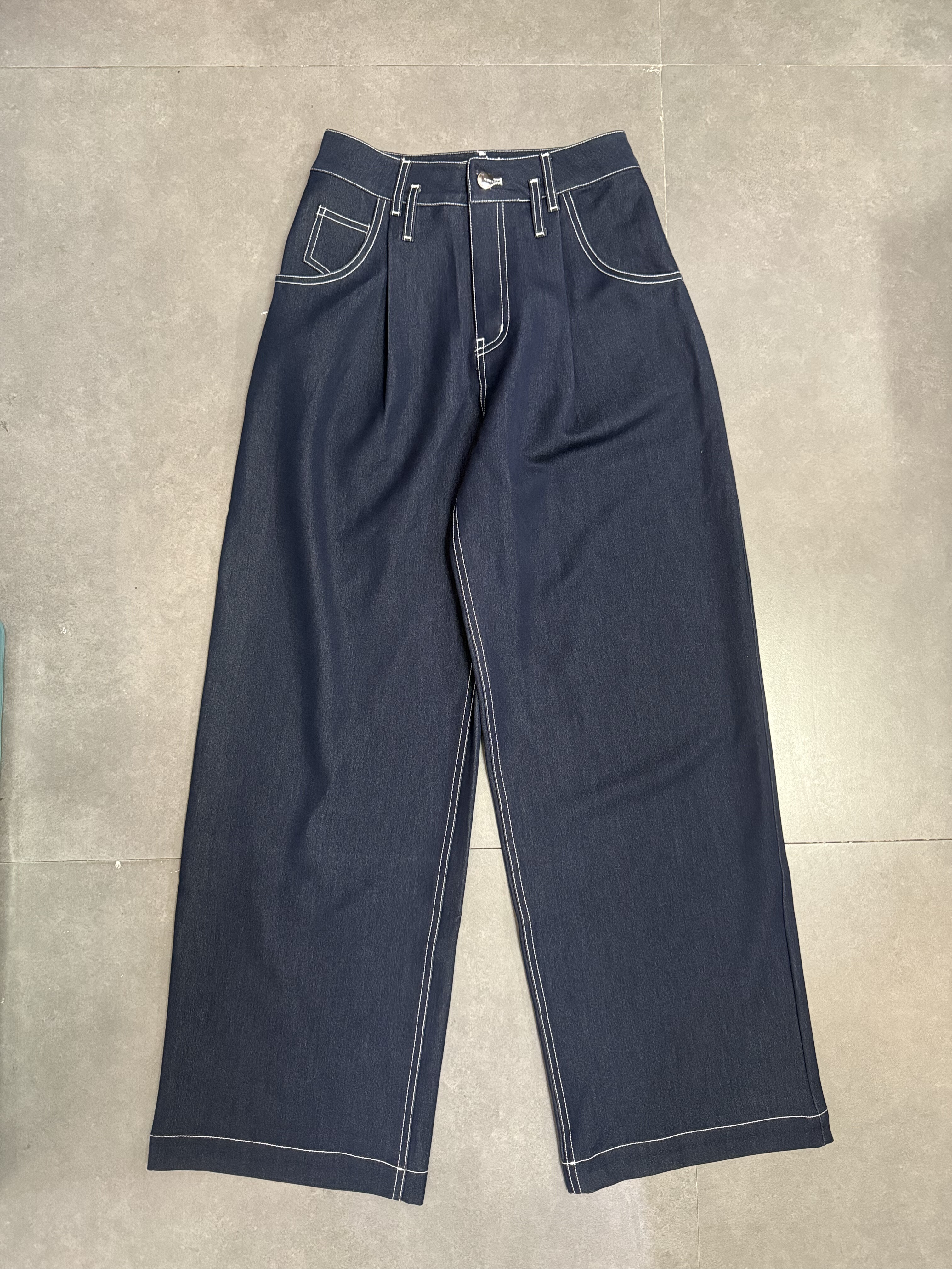 百搭好版型深蓝宽腿休闲牛仔裤 直接拍付收货退运