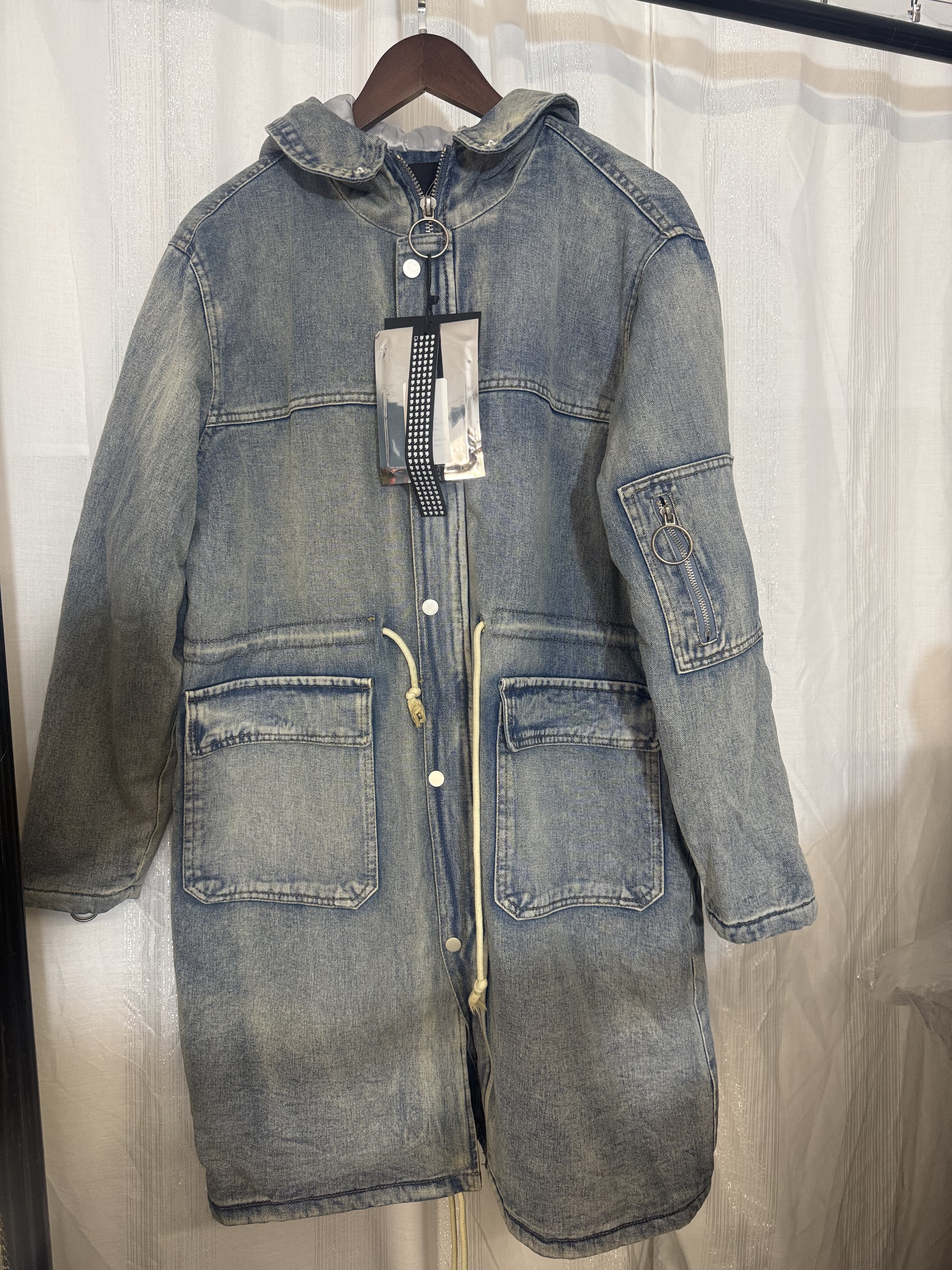 微瑕厚重感洗旧牛仔连帽棉衣 无毛领 牛仔派克直接拍付收货退运