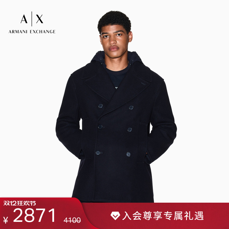 AX/阿玛尼男士绵羊毛双排扣大衣