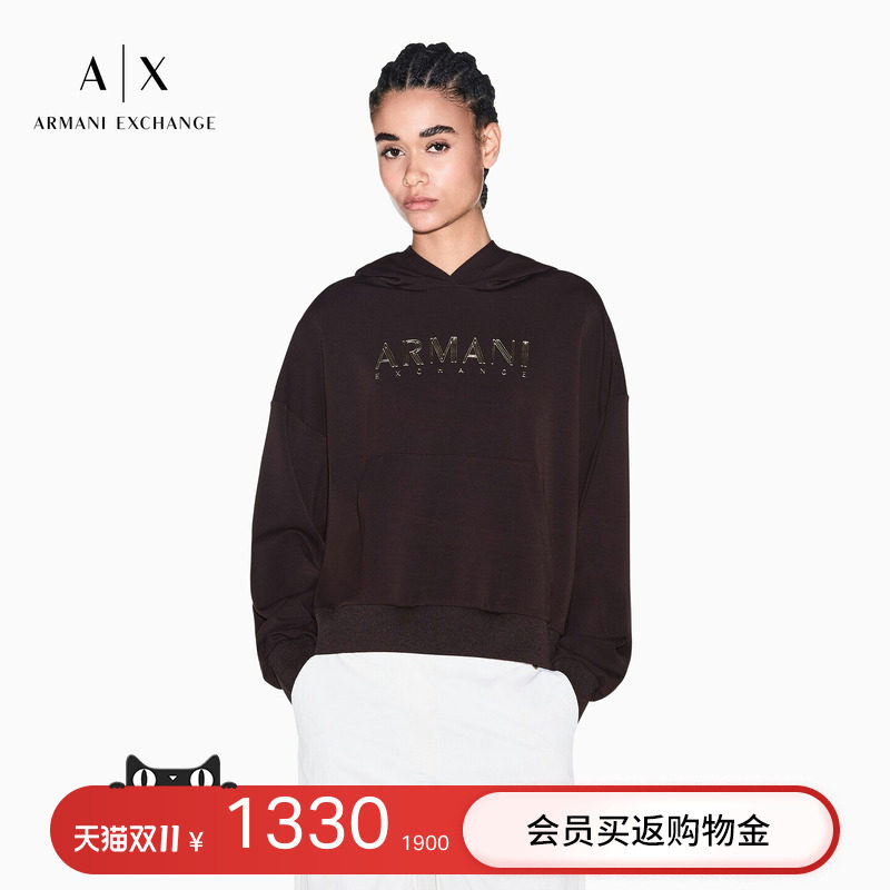 ARMANI EXCHANGE/阿玛尼秋冬新款女士宽松短款落肩连帽套头卫衣