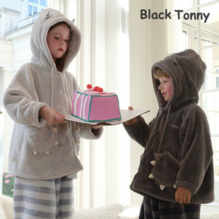 小黑托昵企鹅绒男女童连帽睡衣套装儿童睡衣冬季款加厚保暖家居服