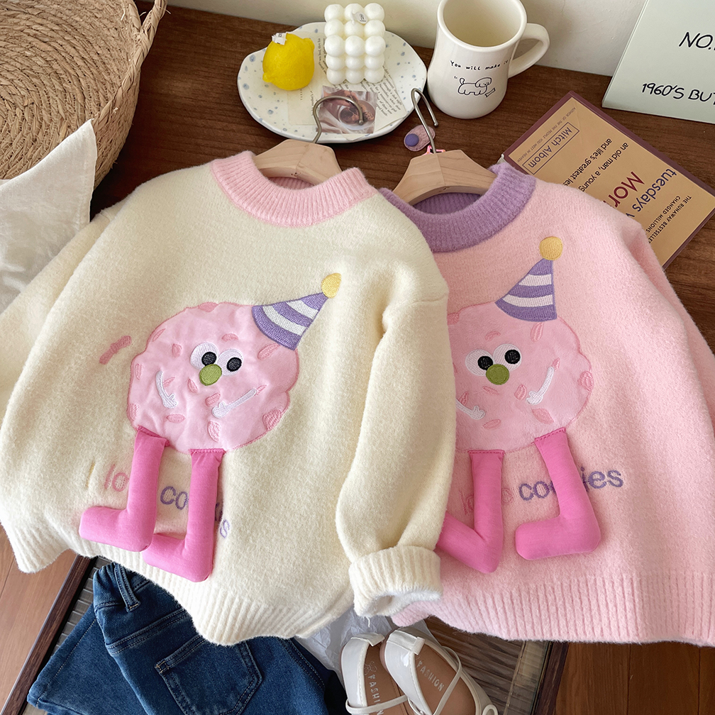 立体卡通粉色一体绒女小童毛衣2025冬韩系貂绒套头针织衫上衣外穿