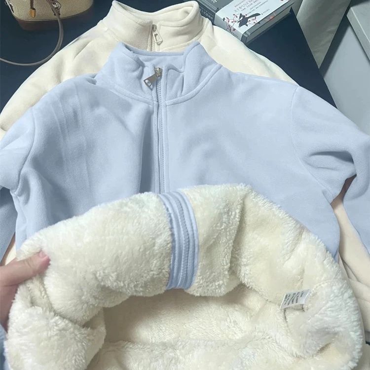 初冬加绒厚颗摇粒绒外套女秋冬羊羔毛抓绒内胆校服内搭抗寒女卫衣