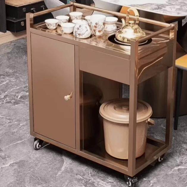 高档不锈钢茶水车玫瑰金煮茶车酒店餐厅包房茶室餐桌茶水柜可储钠