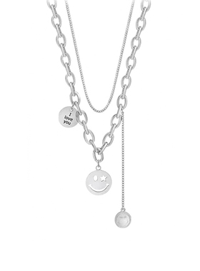 双层叠戴笑脸项链男女款轻奢小众精致流苏钛钢锁骨毛衣链生日礼物