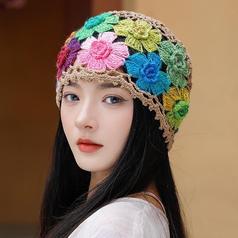 帽子女秋冬新款针织套头帽时尚百搭中老年春秋女士镂空钩花毛线帽