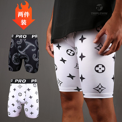 男速干透气弹力运动健身四分篮球印花足球男紧身铲球打底五分短裤
