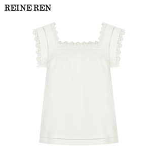 REINEREN任茜2025新品 上衣女背心吊带外穿 白色麻拼接蕾丝无袖