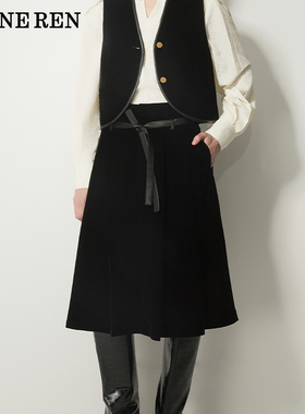 REINEREN设计师任茜2025秋新品丝绒系带百褶半裙