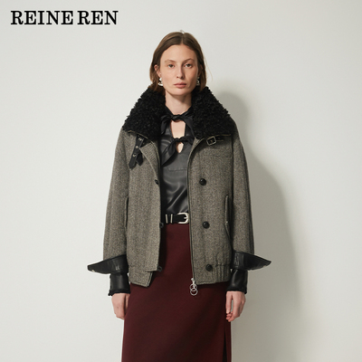 【现货】REINEREN任茜设计师款2025冬季人字纹毛领皮扣立领短外套