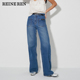 蓝色复古中腰直筒字母口袋牛仔裤 款 品牌经典 REINEREN设计师任茜