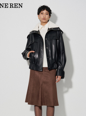 【现货】REINEREN任茜设计师款秋冬黑色PU皮可脱卸棉服机车外套