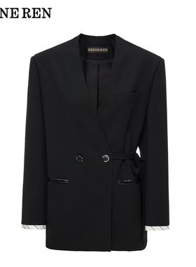 REINEREN任茜设计师款2026春夏新款黑色大V领垫肩系腰西装外套