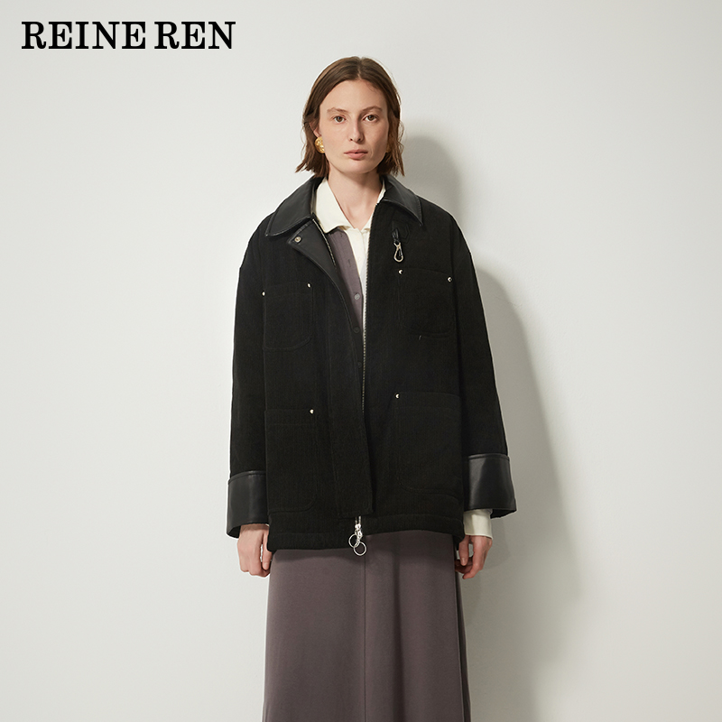 REINEREN任茜设计师款2025冬季新款中长款黑色灯芯绒工装3M棉服