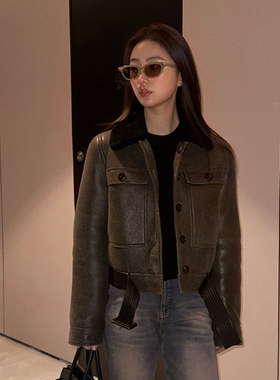 【年末福利】REINEREN任茜设计师款做旧复古绿羊毛裘革翻领夹克
