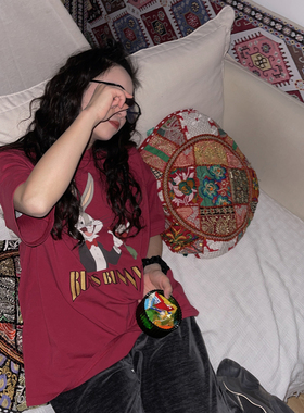 BF美式复古水洗红色卡通兔八哥刺绣字母中长款宽松纯棉短袖T恤女