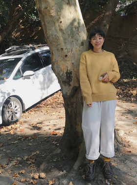 慵懒风BF复古淡黄浅黄鹅黄色宽松短款圆领加厚粗毛线套头毛衣女冬