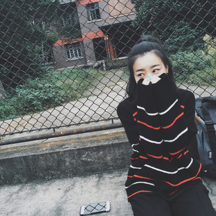 特价 条纹撞色套头毛衣女 库存慵懒风vintage复古黑色宽松圆领短款