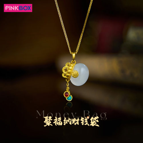 PINKBOX/娉饰珠宝足金和田玉吊坠黄金绿松石流苏金镶玉钱袋子轻奢