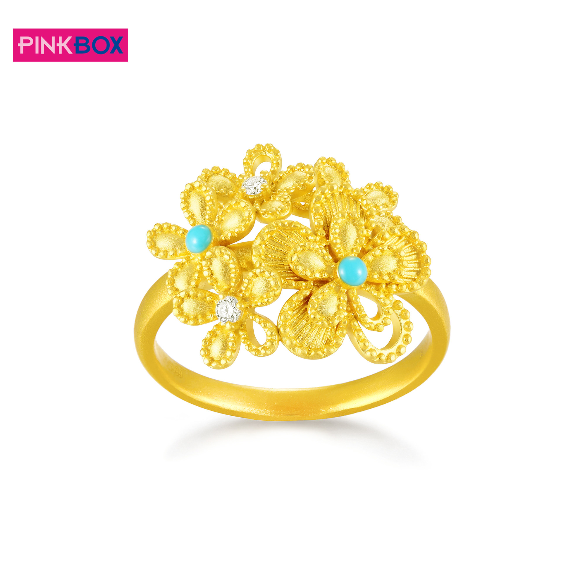 PINKBOX/娉饰珠宝足金花丝花朵戒指珐琅莫桑石镶嵌黄金女戒新品