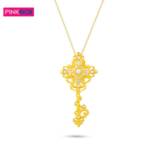 PINKBOX/娉饰珠宝幸运之钥足金十字架四叶草钥匙黄金白贝吊坠新品