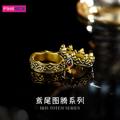 PINKBOX/黑金戒指鸢尾图腾电黑黄金神秘指环5D硬金情侣对戒轻奢