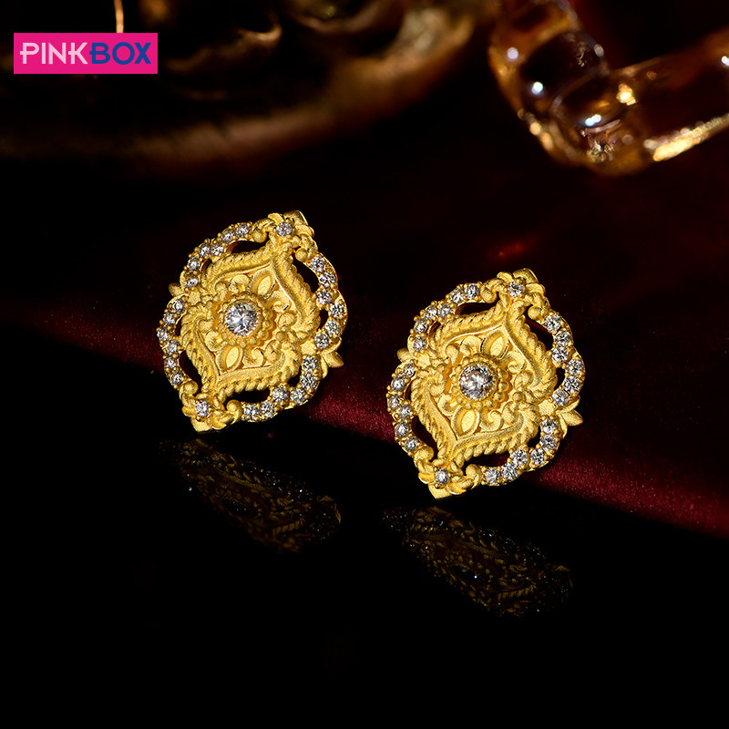 PINKBOX/娉饰珠宝黄金耳饰足金镶嵌钻石花丝皇冠耳钉焦点耳环