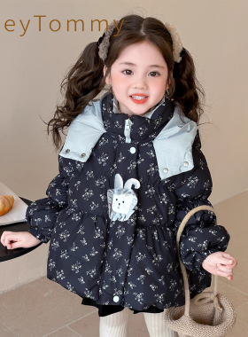 英国Riley Tommy儿童连帽羽绒服碎花加厚保暖女宝高蓬白鸭绒外套