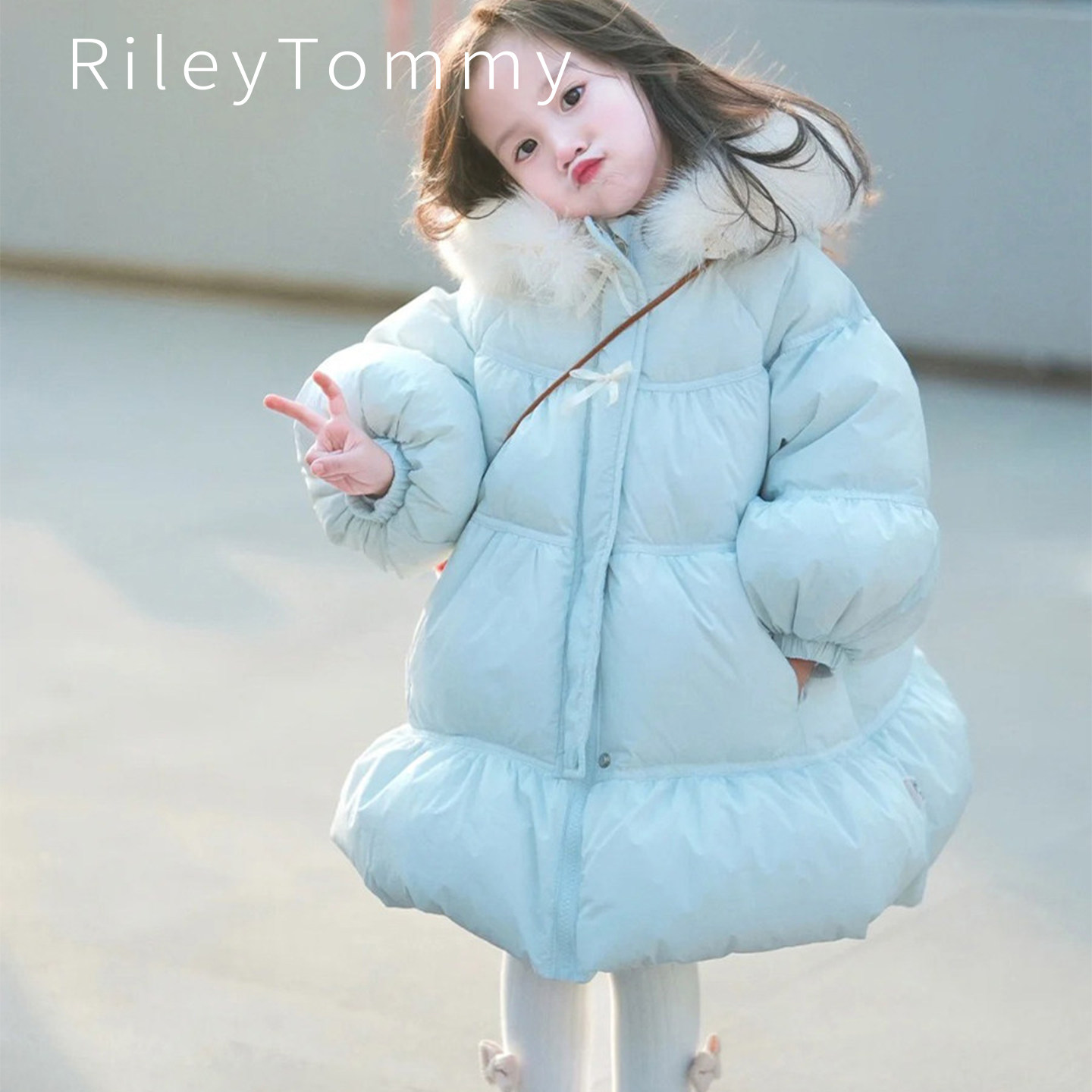 英国RileyTommy女童中长款羽绒服冬季新款儿童白鸭绒宝宝连帽外套