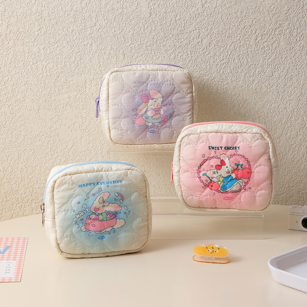 ins风简约绗缝卡通化妆包少女迷你方形口红包便携零钱耳机收纳包