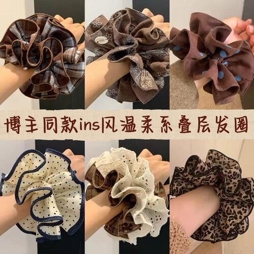 韩系复古蓝色格子四层大肠发圈女高级感超大丸子头扎头发头绳头饰