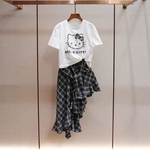 T恤高端拼接南油深圳吊带连衣裙 新款 印花上衣荷叶边女装 套装 秋季