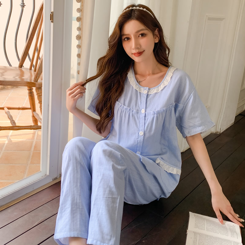 睡衣女春秋短袖长裤棉布睡衣夏季梭织全棉纱家居服开衫妈妈装大码