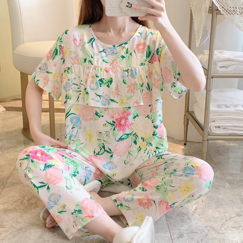 防凸点棉绸睡衣女款夏季薄款宽松大码短袖套装人造棉家居服可外穿
