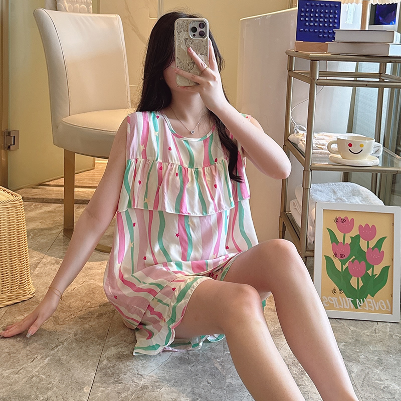 免穿内衣棉绸睡衣女士夏季薄款棉绸夏天背心短裤无袖人造棉套装