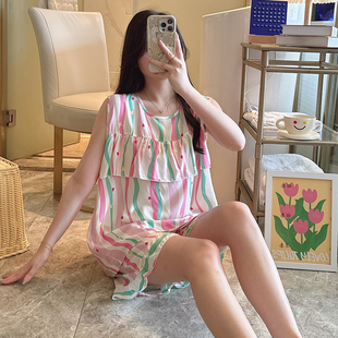 免穿内衣棉绸睡衣女士夏季薄款棉绸夏天背心短裤无袖人造棉套装