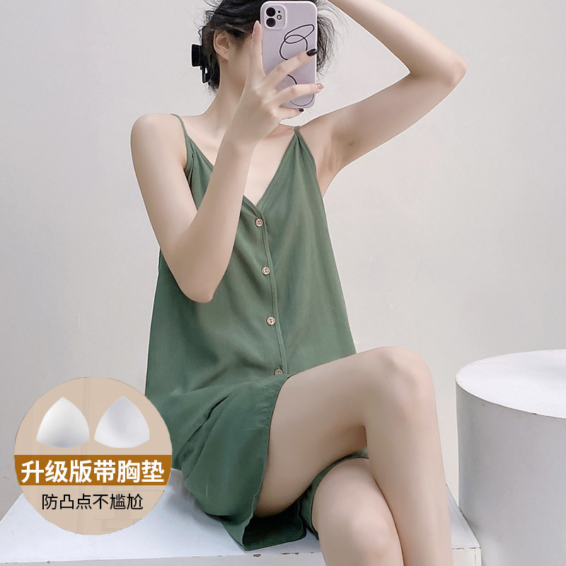 带胸垫款吊带短裤棉绸睡衣女ins风舒适夏人造棉绵绸家居两件套