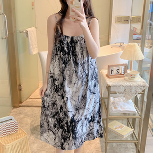 人造棉睡裙女夏季绵绸薄款性感吊带可爱睡衣条纹家居服棉绸连衣裙