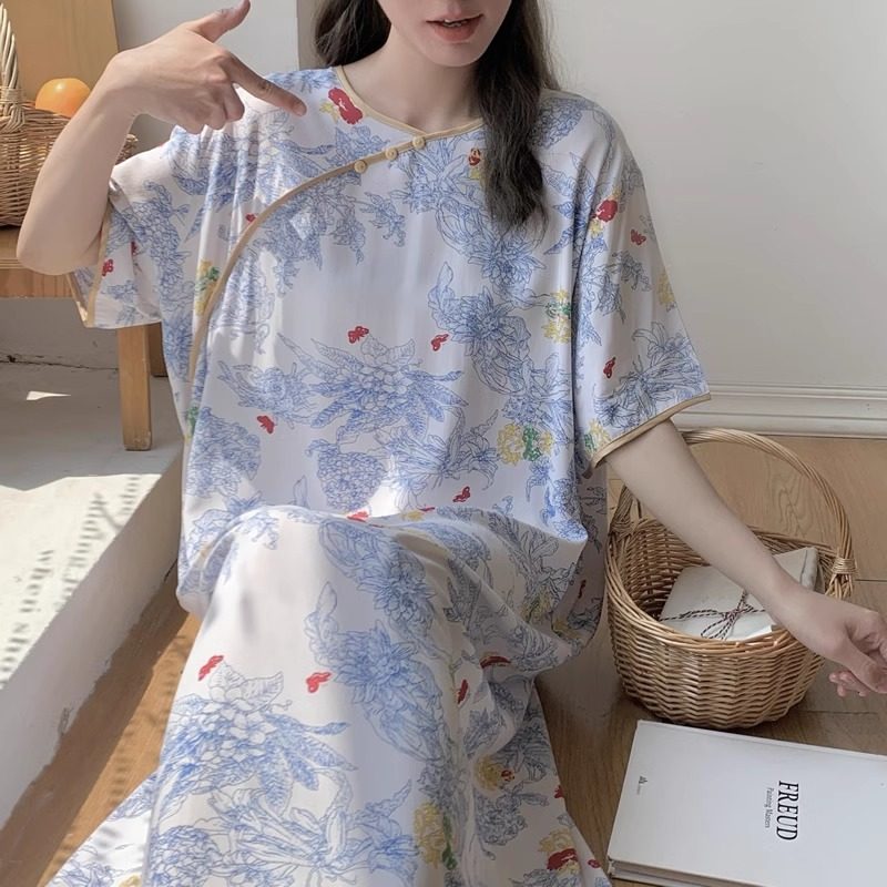 棉绸加长睡裙夏季薄款大码短袖连衣裙宽松新中式国风人造棉裙网红