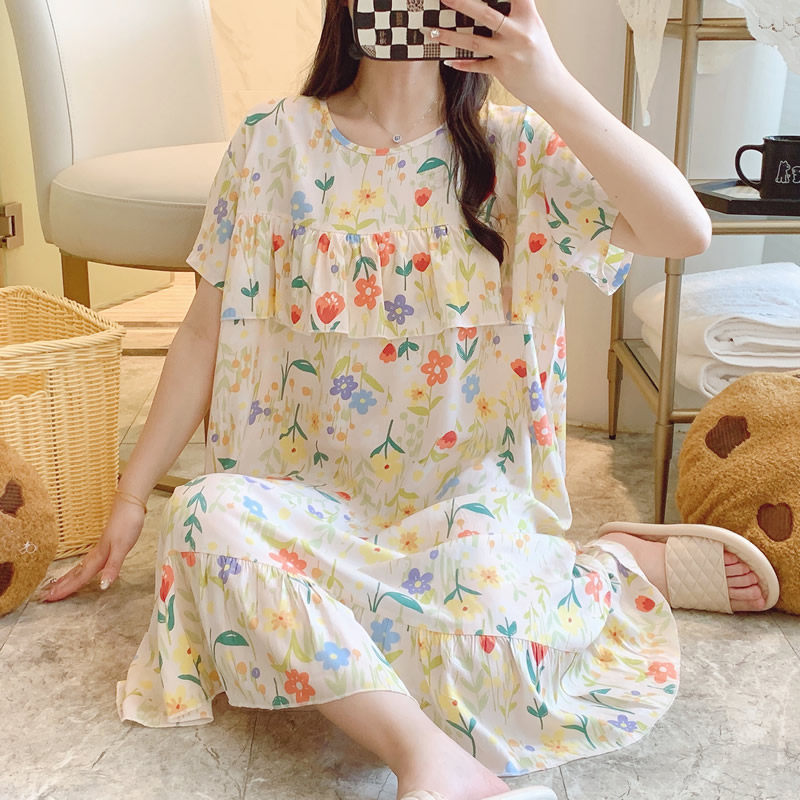 防凸点棉绸睡裙女夏短袖睡衣绵绸连衣裙人造棉睡衣裙大码裙子网红