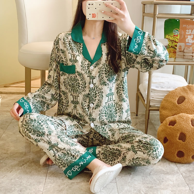 棉绸睡衣女夏季2024新款绵绸长袖薄款中年大码宽松休闲家居服套装
