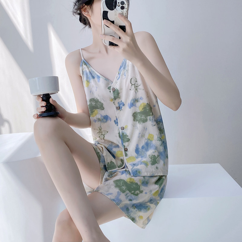 棉绸吊带短裤睡衣夏季薄款透气性感女款宽松人造棉国风家居服套装