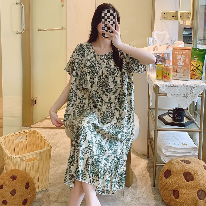 人造绵新款棉绸睡裙V领夏季薄款妈妈宽松睡衣家居服可外穿短袖